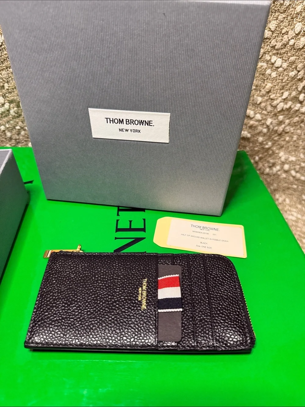 Thom Browne Black Leather Card Case with Red White Navy Stripe